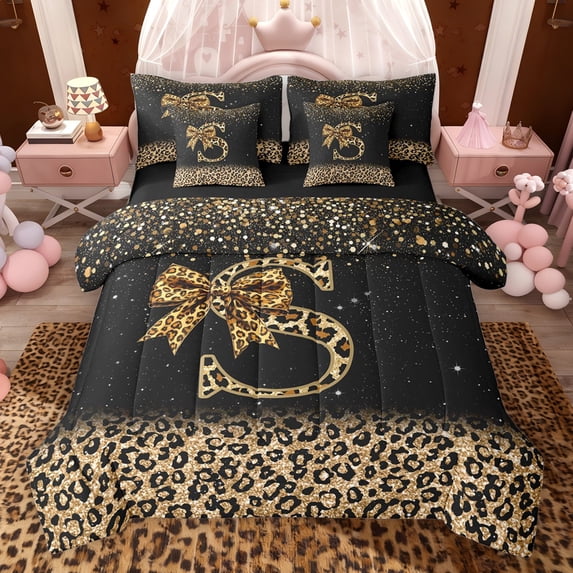 Erosebridal Chic Cheetah Print Bedding Comforter Set, Personalized Initial S Full Bedding Set, Black Brown, Black Reversible 7pcs