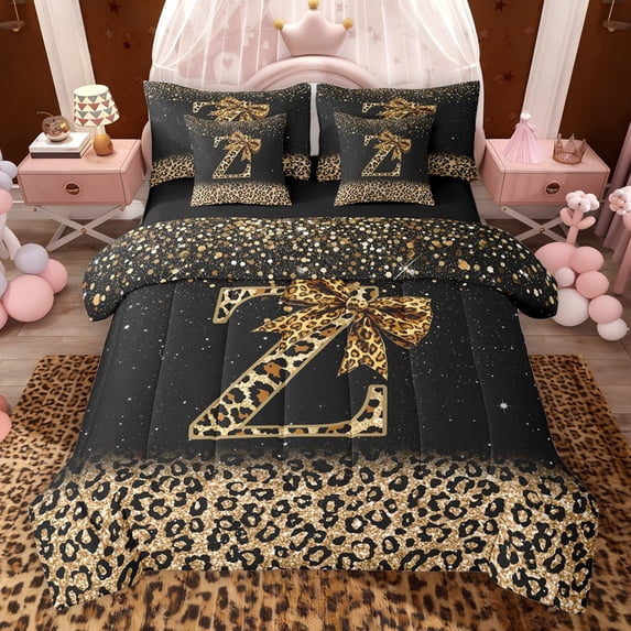 Erosebridal Chic Cheetah Print Bedding Comforter Set, Personalized Initial Z Full Bedding Set, Black Brown, Black Reversible 7 Pieces