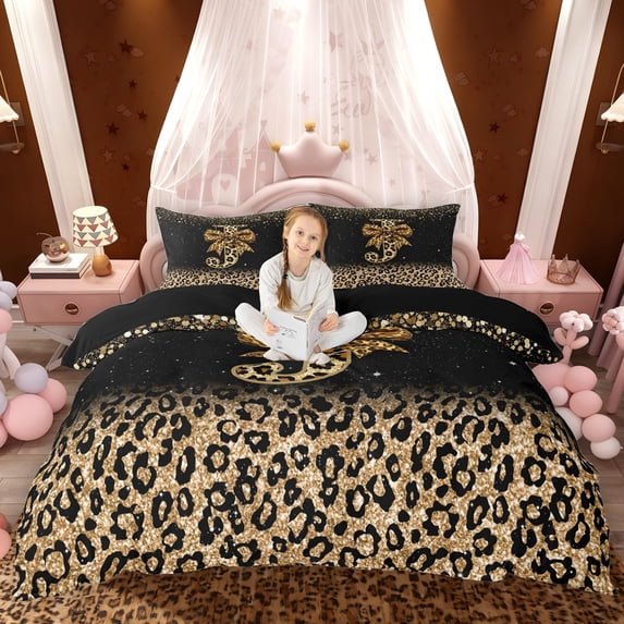 Erosebridal Chic Cheetah Print Duvet Cover Set, Personalized Initial J Bedding Full, Black Brown, Black Reversible 3 Pieces, 1 Duvet Cover and 2 Pillowcases (No Comforter)