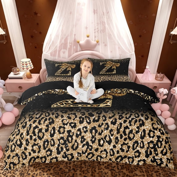 Erosebridal Chic Cheetah Print Duvet Cover Set, Personalized Initial Z Bedding Full, Black Brown, Black Reversible 3-Piece, 1 Duvet Cover and 2 Pillowcases (No Comforter)