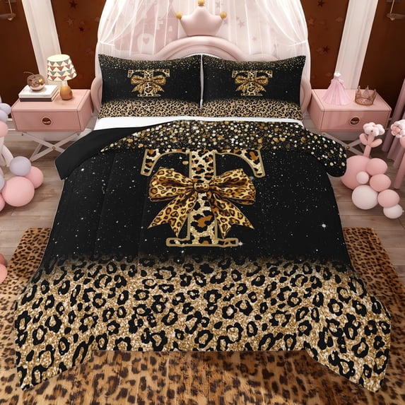 Erosebridal Chic Cheetah Print Full Size Comforter Sets, Personalized Initial T Bedding Sets, Black Brown, Black Reversible 3 Pieces, 1 Comforter and 2 Pillowcases