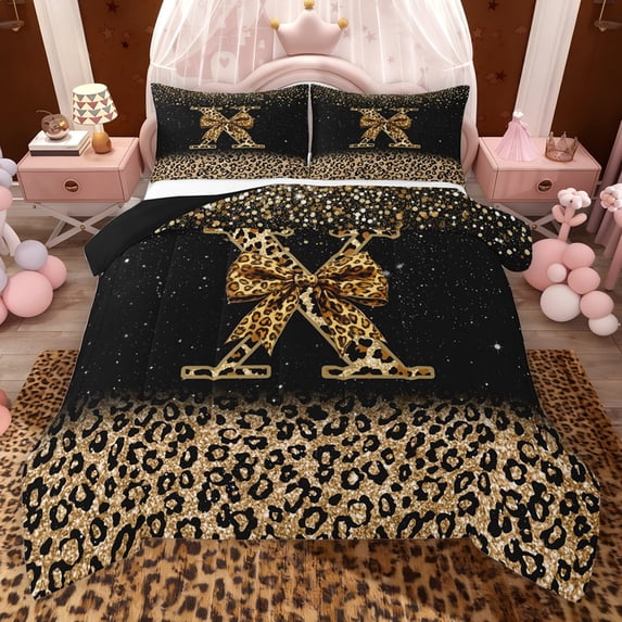 Erosebridal Chic Cheetah Print Queen Comforter Set, Personalized Initial X Bedding Comforter Set, Black Brown, Black Reversible 3-Piece, 1 Comforter and 2 Pillowcases