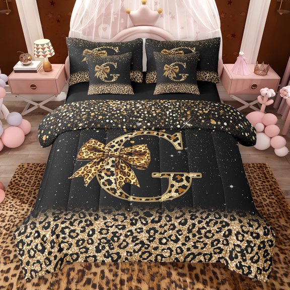 Erosebridal Chic Cheetah Print Twin Bedding Sets, Personalized Initial G Bedding Comforter Set, Black Brown, Black Reversible 7pcs