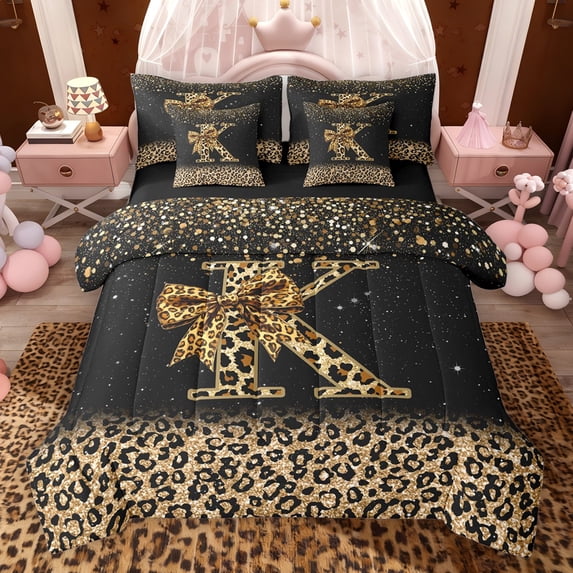 Erosebridal Chic Cheetah Print Twin Bedding Sets, Personalized Initial K Bedding Comforter Set, Black Brown, Black Reversible 7 Pieces