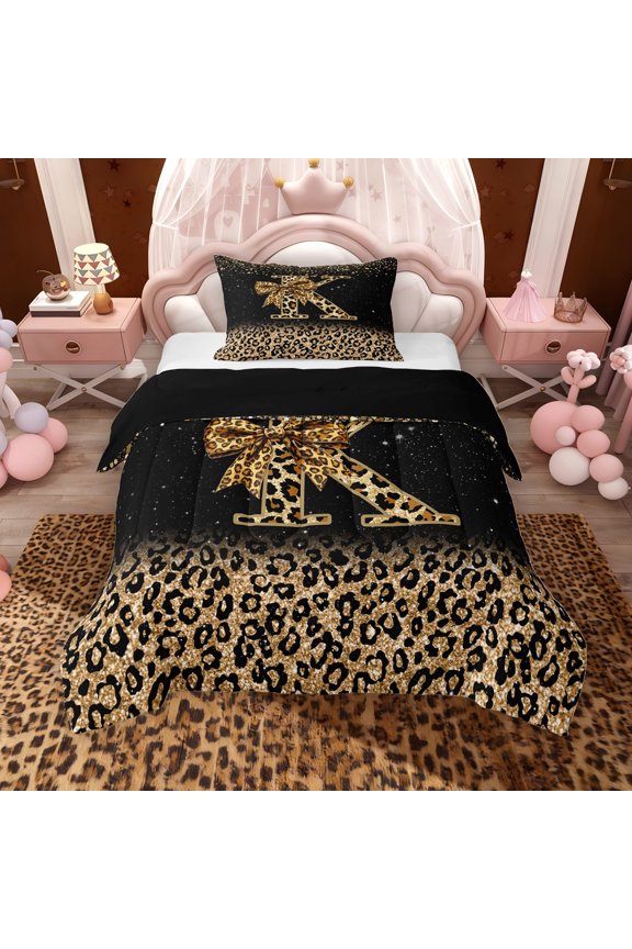 Chic Cheetah Print Twin Comforter Sets, Personalized Initial K Bedding Set, Black Brown, Black Reversible 2pcs, 1 Comforter and 1 Pillowcase