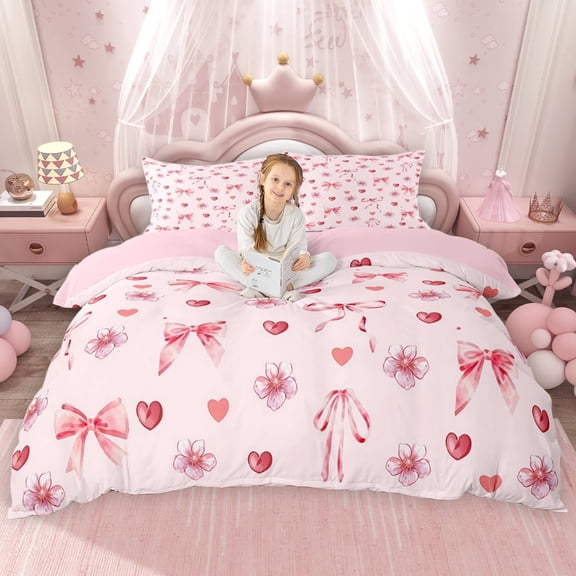 Erosebridal Chic Cherry Blossoms Duvet Cover Set for Girls, Bowknot Print Bedding Full, Pink Reversible 3-Piece, 1 Duvet Cover and 2 Pillowcases, No Comforter