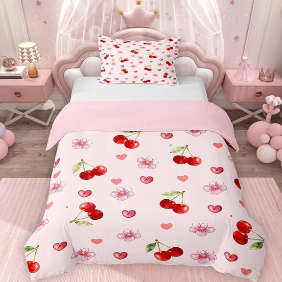 Erosebridal Chic Cherry Blossoms Twin Bedding for Girls, Cherry Print Duvet Cover Set, Pink Reversible 2pcs, 1 Duvet Cover and 1 Pillowcase, No Comforter