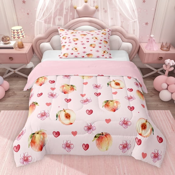 Erosebridal Chic Cherry Blossoms Twin Comforter Sets for Girls, Peach Print Bedding Set, Pink Reversible 2pcs, 1 Comforter and 1 Pillowcase