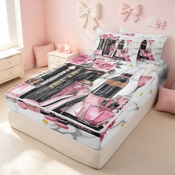 Erosebridal Chic Cosmetics Zipper Queen Comforter Set with Fitted Sheet and 2 Pillowcases, Girls Fashion Zipper Bedding Set, Pink Reversible