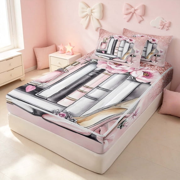 Erosebridal Chic Cosmetics Zipper Twin Comforter Sets with Fitted Sheet and 2 Pillowcases for Girls, Highheels Perfume Print Zipper Bedding Set, Pink Reversible