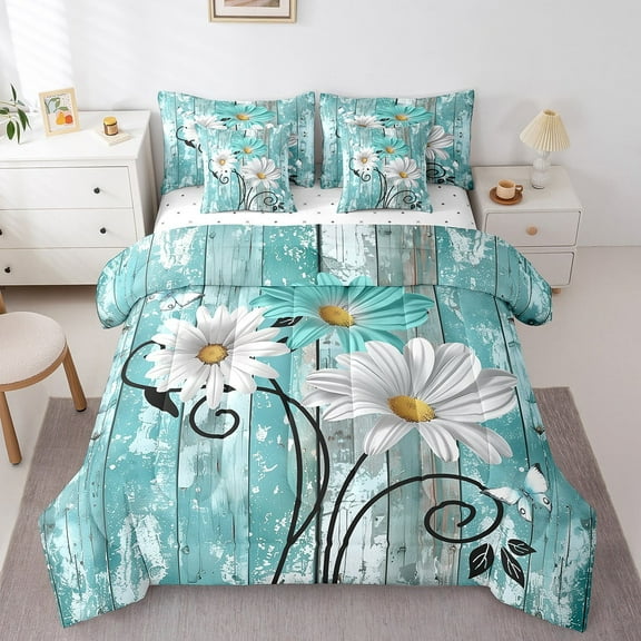 Erosebridal Chic Daisy Bed in a Bag Twin Size,Retro Rustic Wooden Door Bed Set,Botanical Flower Bedding Twin Size,Super Cozy Room Decoration Reversible,7 Pieces