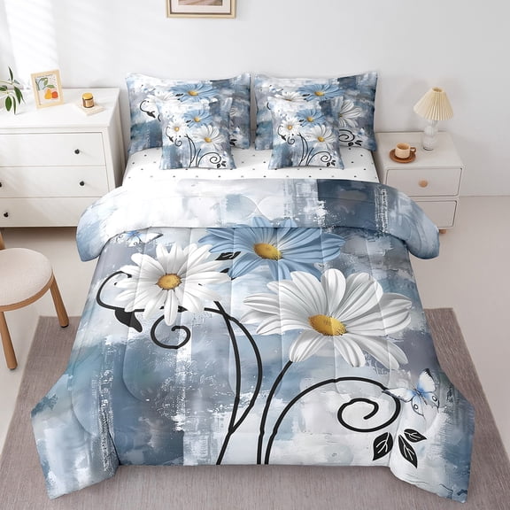 Erosebridal Chic Daisy Bed in a Bag King Size,Botanical Flower Bed Set,Gradient Blue Bedding King Size,Super Cozy Room Decoration Reversible,7 Pieces