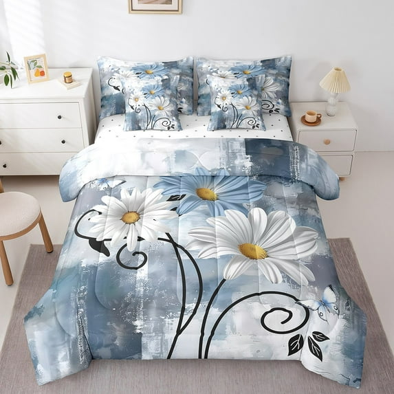 Erosebridal Chic Daisy Bedding Full Size,Botanical Flower Comforter Sets with Sheets,Gradient Blue Bedding Sets Full Size,Super Cozy Room Decoration Reversible,7 Pieces
