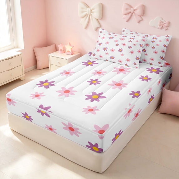 Erosebridal Chic Daisy Floral Zipper Twin Comforter Sets with Fitted Sheet and 2 Pillowcases for Girls, Flower Theme Zipper Bedding Set, Pink Reversible