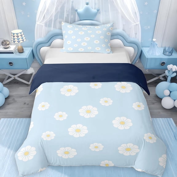 Erosebridal Chic Daisy Flower Twin Bedding for Girls, Blue Duvet Cover Set, Navy Reversible 2 Pieces, 1 Duvet Cover and 1 Pillowcase, No Comforter