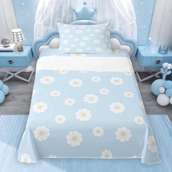 Erosebridal Chic Daisy Flower Twin Sheet Sets for Girls, Blue Bedding, 1 Flat Sheet 1 Fitted Sheet and 1 Pillowcase, 3pcs