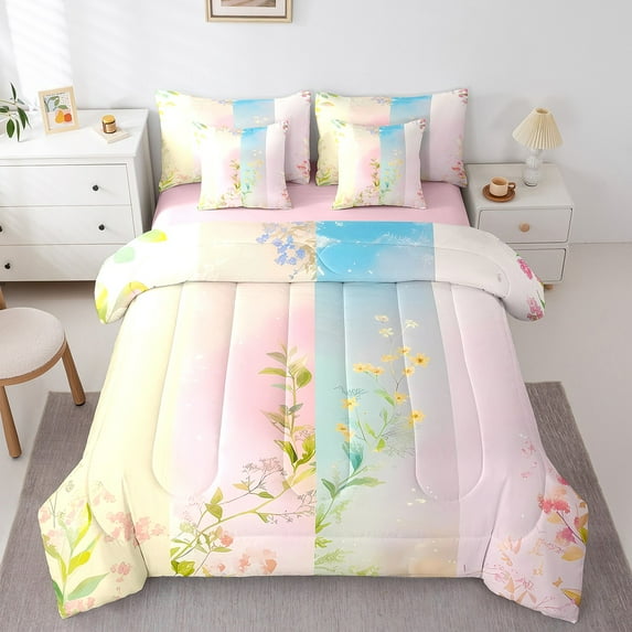 Erosebridal Chic Floral Bedding King Size,Gradient Color Comforter Sets with Sheets,Pink Plant Garden Bedding Sets King Size,Super Cozy Room Decoration Reversible,7pcs