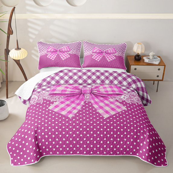 Erosebridal Chic Floral Bow Knot Twin Quilt Set for Girls Teens,Purple Polka Dots Twin Coverlet Set