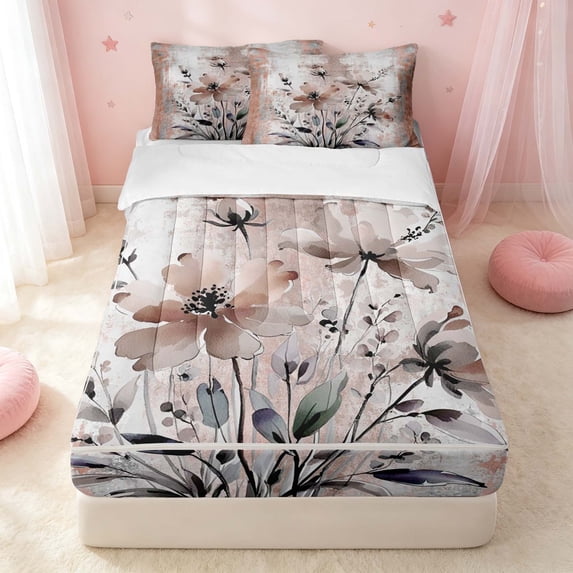 Erosebridal Chic Floral Zipper Queen Comforter Set with Fitted Sheet and 2 Pillowcases, Minimalist Ombre Zipper Bedding Set, Terracotta Gray