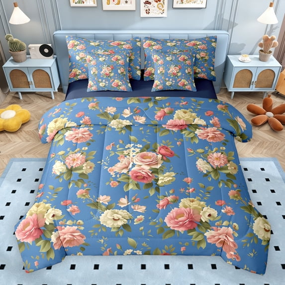 Erosebridal Chic Flower Bedding Comforter Set for Female, Blue King Bedding Sets, Navy Reversible, 7 Pieces