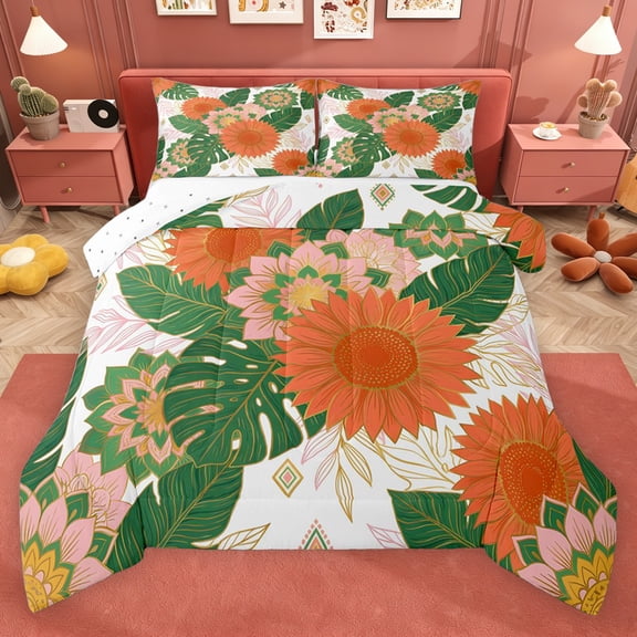 Erosebridal Chic Flower Full Size Comforter Sets for Girls, Tropical Palm Tree Leaves Bedding Sets, Reversible, 3pcs