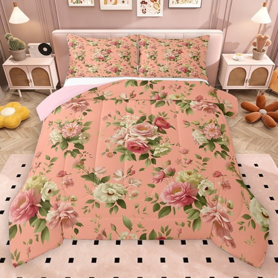 Erosebridal Chic Flower Queen Comforter Set for Female, Pink Bedding Comforter Set, Pink Reversible, 3pcs