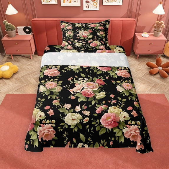 Erosebridal Chic Flower Twin Sheet Sets for Female, Black Bedding, 3 Pieces, 1 Flat Sheet 1 Fitted Sheet and 1 Pillowcase