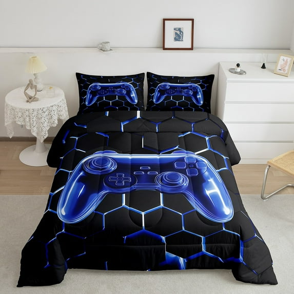 Erosebridal Chic Gamepad Bedding Sets Full with Comforter, Gaming Controller Duvet Insert, Navy Blue, Ultra Soft 3 Pieces