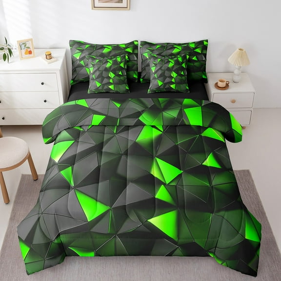 Erosebridal Chic Geometric Bedding Sets Queen Size, Black Green Comforter Sets with Sheets, Neon Triangle Reversible Bedding Queen Size, Super Cozy Room Decor, 7 Pieces