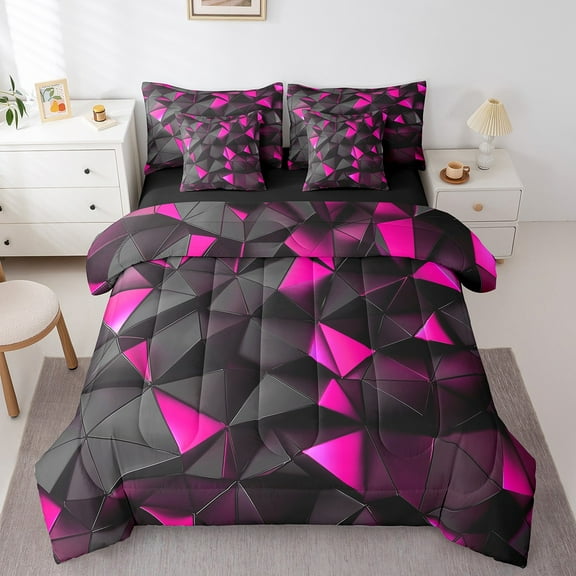 Erosebridal Chic Geometric Bedding Sets Queen Size, Deep Pink Comforter Sets with Sheets, Neon Triangle Reversible Bedding Queen Size, Breathable Bedroom Decoration, 7 Pieces