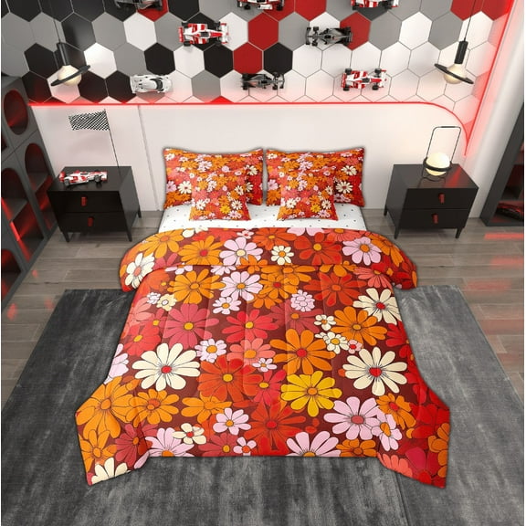 Erosebridal Chic Groovy Floral Bed in a Bag King Size, Red Pink Daisy Flower Bed Set, Girly Bedroom Decor Breathable 7pcs