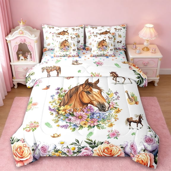 Erosebridal Chic Horse Bed in a Bag Twin Size,Farm Animal Bed Set,Colorful Floral Bedding Twin Size,Super Cozy Room Decoration Reversible,7 Pieces
