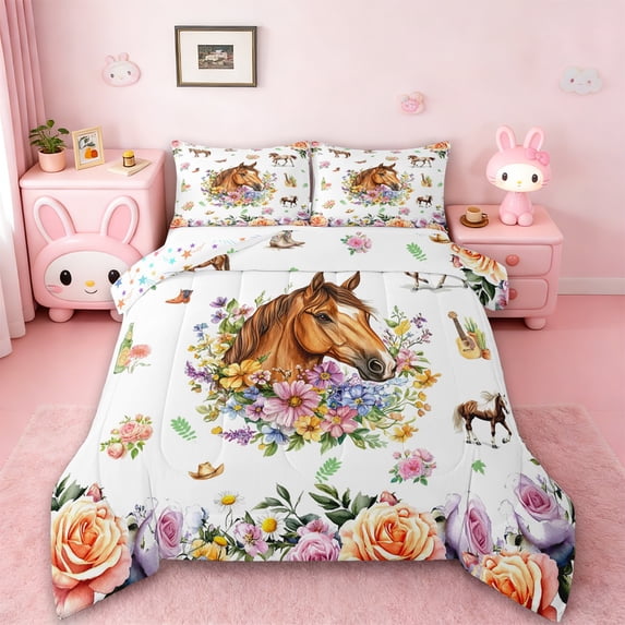 Erosebridal Chic Horse Bedding Queen Comforter Set,Farm Animal Down Comforter,Colorful Floral Bedding Sets Queen with Comforter,Super Cozy Room Decoration Reversible,3 Pieces