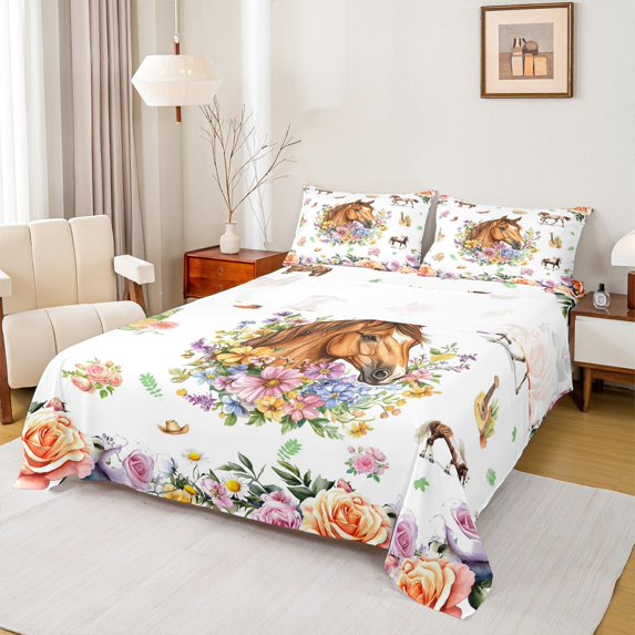 Erosebridal Chic Horse Full Sheet Sets,Farm Animal Bedding Full Size,Colorful Floral Bed Sheets Set Full Size,Super Cozy Room Decoration,4pcs