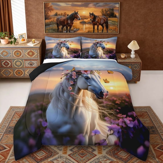 Erosebridal Chic Horse Queen Comforter Set, Garden Blossoms Bedding Comforter Set