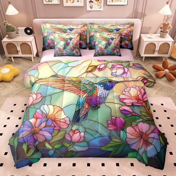 Erosebridal Chic Hummingbird Bedding Comforter Set for Girls, Pink Flower Floral Full Bedding Set, Pink Reversible, 7pcs