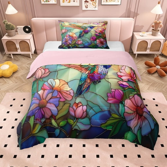 Erosebridal Chic Hummingbird Twin Comforter Sets for Girls, Pink Flower Floral Bedding Set, Pink Reversible, 2pcs