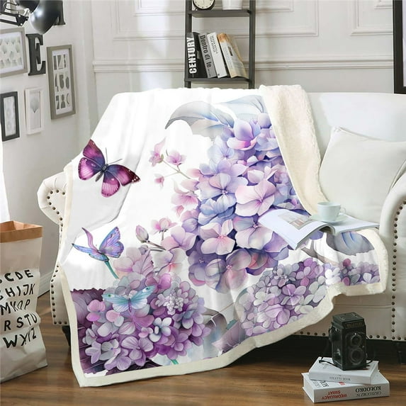 Erosebridal Chic Hydrangea Sherpa Blanket Coloful Butterfly Fleece Blanket 40x50 ,Vintage Floral Throw Blanket Cute Animal Plush Blanket Purple Flower Home Decoration,Breathable