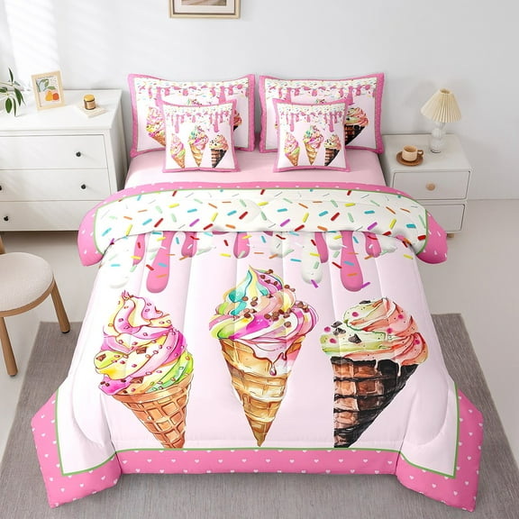 Erosebridal Chic Ice Cream Bed in a Bag Twin Size,Princess Sweets Dressert Bed Set,Pink Plaid Bedding Twin Size For Teenagers,Super Cozy Room Decoration Reversible,7 Pieces