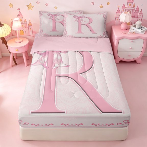 Erosebridal Chic Initial R Zipper Twin Comforter Sets with Fitted Sheet and 2 Pillowcases,Pink Bows ABC Themed Zipper Bedding Set For Girls,Pink Reversible,4pcs