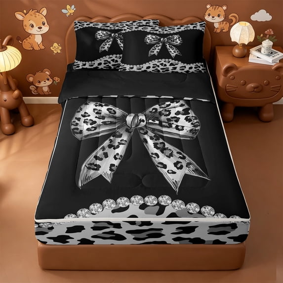 Erosebridal Chic Leopard Bow Zipper Twin Comforter Sets with Fitted Sheet and 2 Pillowcases,Gray Cheetah Animal Print Zipper Bedding Set For Girls,Black Reversible,4-Piece