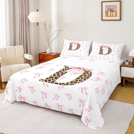 Erosebridal Chic Leopard Pattern Queen Sheet Sets,Brown Alphabet D Bed Set For Bowknot Girls 4 Pieces