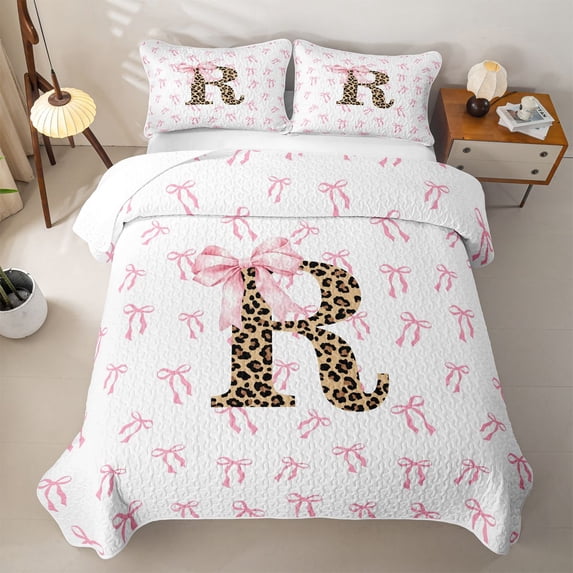 Erosebridal Chic Leopard Pattern Twin Quilt Set,Brown Alphabet R Twin Coverlet Set For Bowknot Girls,2 Pieces