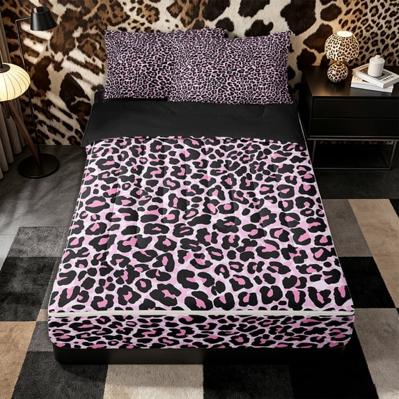 Erosebridal Chic Leopard Pattern Zipper Queen Comforter Set with Fitted Sheet and 2 Pillowcases,Wild Mark Print Zipper Bedding Set,Hot Pink Black,Black Reversible
