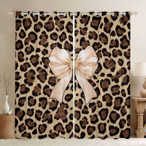 Erosebridal Chic Leopard Print Black Out Curtains,Light Brown Bowknot Print Curtains Pack of 2 (42x63 Each) For Bow Lovers