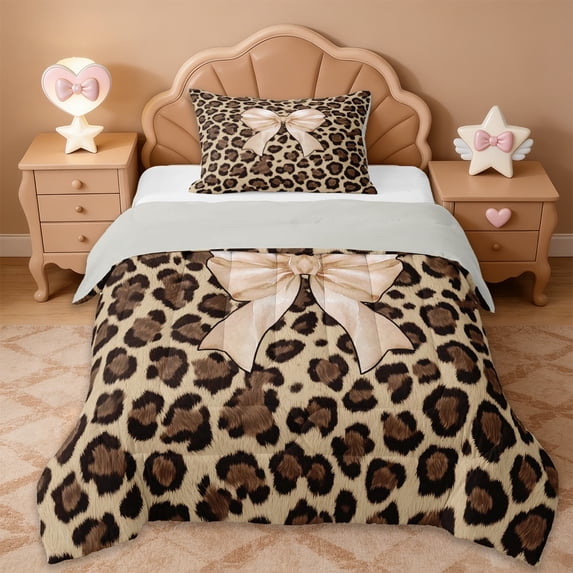 Erosebridal Chic Leopard Print Twin Comforter Sets,Light Brown Bowknot Print Bedding Set For Bow Lovers,Gray Reversible,2pcs
