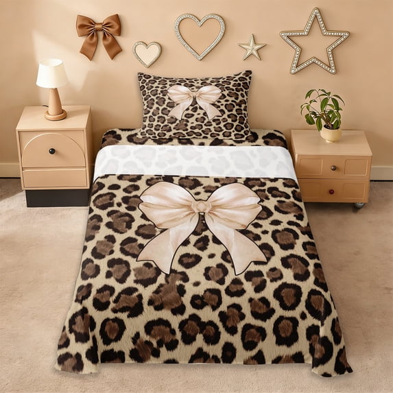 Erosebridal Chic Leopard Print Twin Sheet Sets,Light Brown Bowknot Print Bedding For Bow Lovers 3pcs