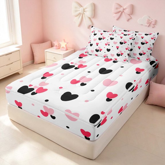 Erosebridal Chic Love Hearts Zipper Twin Comforter Sets with Fitted Sheet and 2 Pillowcases for Girls, Romantic Theme Zipper Bedding Set, Pink Reversible
