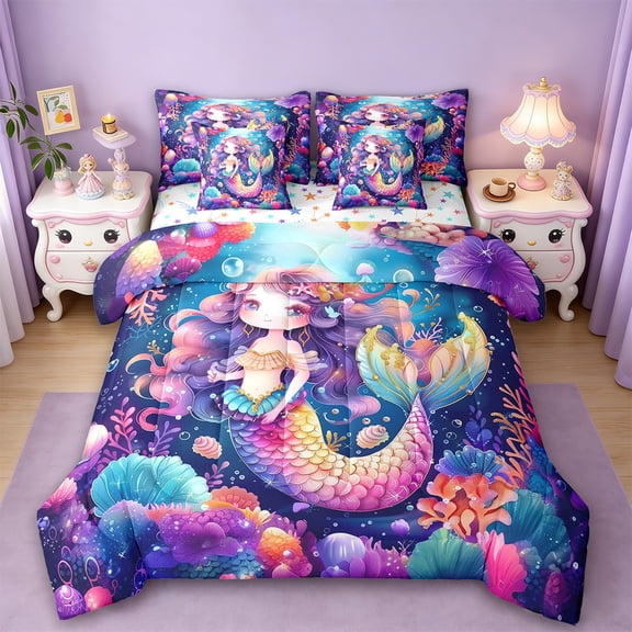 Erosebridal Chic Mermaid Bedding Sets Twin Size,Undersea Coral Seaweed Comforter Sets with Sheets,Abstract Cartoon Animal Bed in a Bag Twin Size,Breathable Room Decoration Reversible,7-Piece