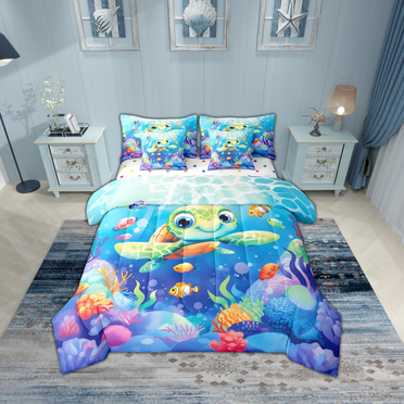 Erosebridal Sea Turtle Bedding Sets Twin Size,Sea Animal Comforter Sets with Sheets,Teenager Bedroom Decor,Reversible,Breathable,7pcs